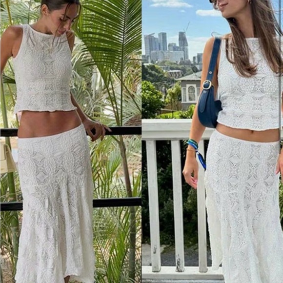 Crochet Knit White Two-Piece Skirt Set